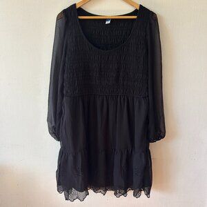 Old Navy Smocked Fit and Flare Dress Womens Large Black Tiered Sheer Sleeves